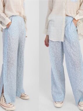 KOCH Jules Pants Sky Bloom Blue Floral Straight Leg Pants Large Coastal Chic
